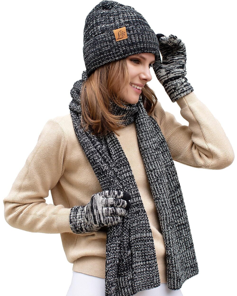 2019 Winter Knit Warm Hat Beanie Long Scarf Touch Screen Gloves Set Skull